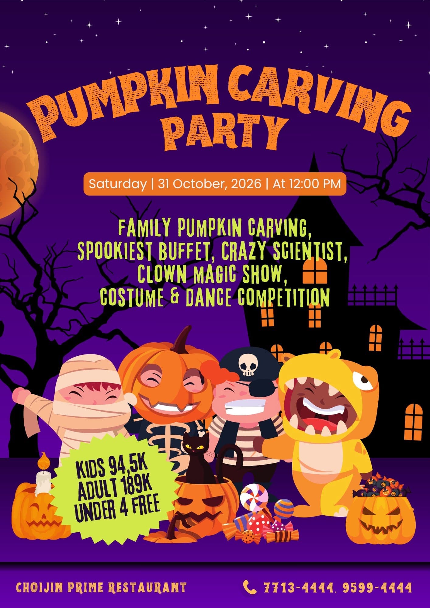 Purple Choijin Prime pumpkin-carving party poster with cartoon costumes and the date October 31, 2026 at noon.