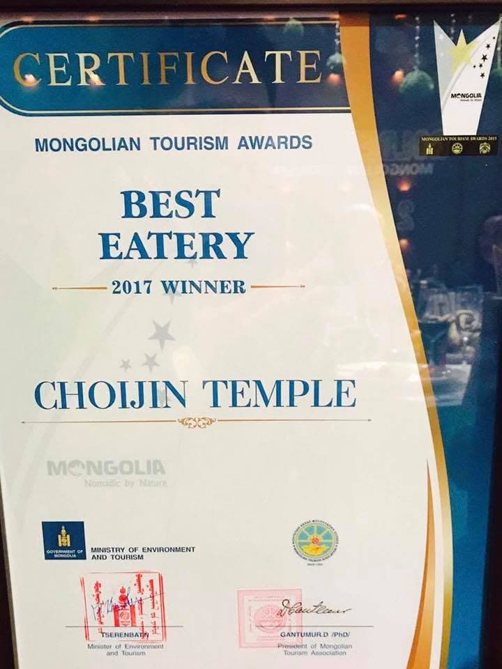 Certificate naming Choijin Temple the 2017 Best Eatery winner at the Mongolian Tourism Awards.