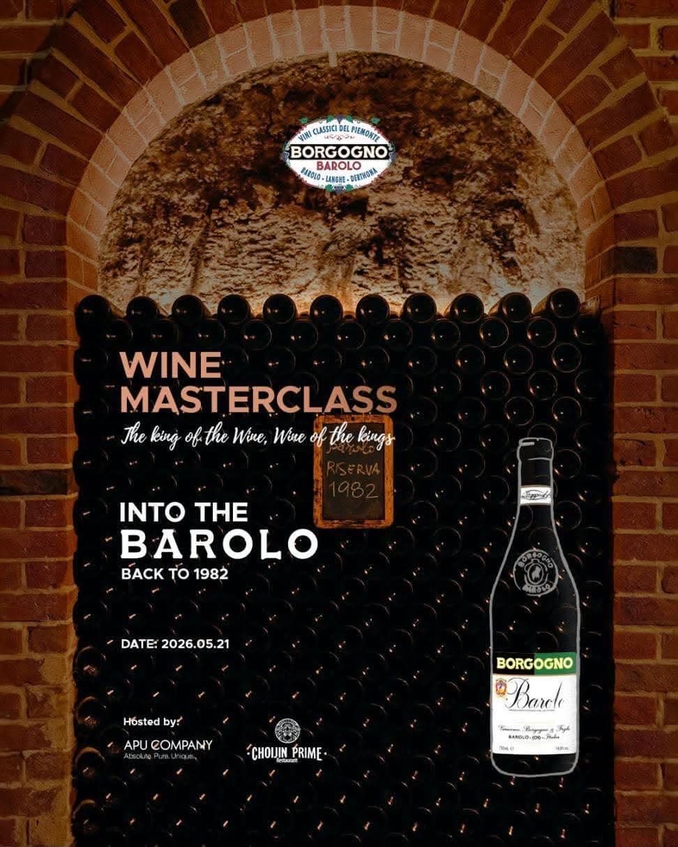 Into the Barolo wine-masterclass poster with a wine cellar, Borgogno bottle and the printed date 2026.05.21.