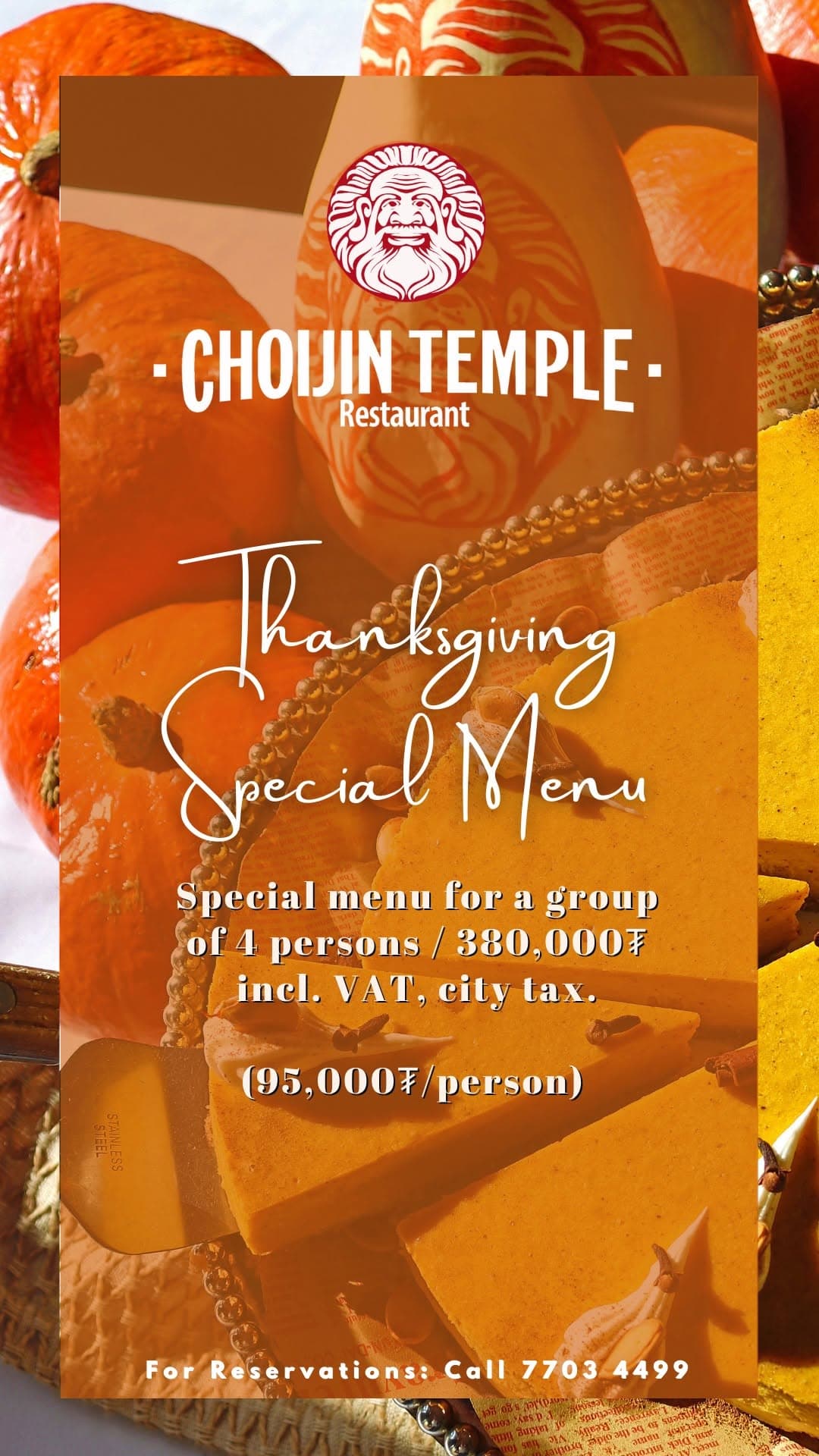 Orange Choijin Temple Thanksgiving special-menu poster with pumpkins and an archived group price.