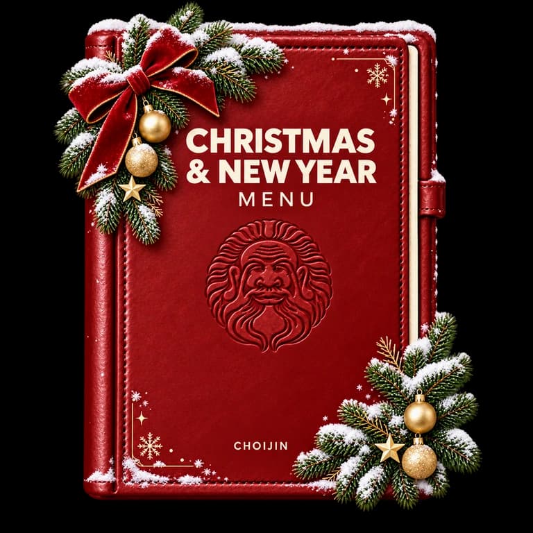 Choijin Christmas & New Year Menu book with Christmas greenery and ornaments