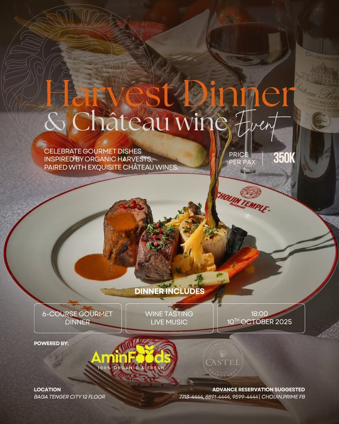 Harvest Dinner and Château Wine Event poster with a plated meal, wine and the October 10, 2025 date.